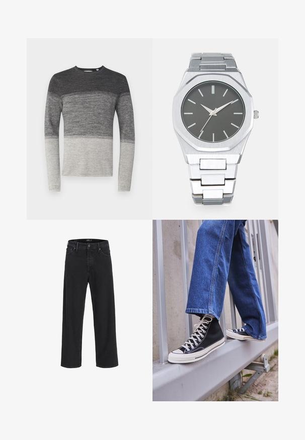 Gray long-sleeve sweater with a color block design. Features a knit texture, transitioning from dark gray to light gray at the bottom.; Black straight-leg denim jeans with button and zipper closure, belt loops, and front and back pockets.; Black high-top sneakers with white sole and laces, paired with loose blue denim jeans, resting on a gray railing.; Silver analog watch with an octagonal case, gray dial, silver hour markers, and a stainless steel link bracelet. Minimalist design with smooth texture.