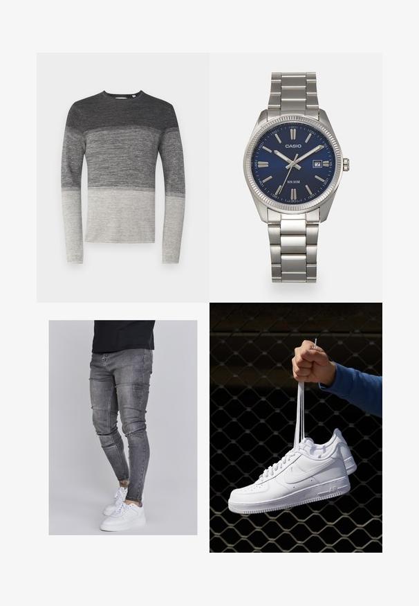 Szürke, hosszú ujjú pulóver színblokk mintával. A kötött textúrája sötét szürkéből világos szürkébe halad a szegélyénél.; Fakó szürke farmerből készült skinny farmernadrág, térdén kopott részletekkel, fehér sportcipővel párosítva. Simább anyag, karcsú szabás.; Fehér bőr sportcipők perforációval, kerek orral, lapos talppal és vastag fűzőkkel, látható swoosh logóval és "AIR" felirattal a sarokrészen.; Ezüst színű rozsdamentes acél karóránk sötétkék számlapja van, fém óraszámlálókkal és egy dátumablakkal a 3 órás pozícióban. 50 méterig vízálló.