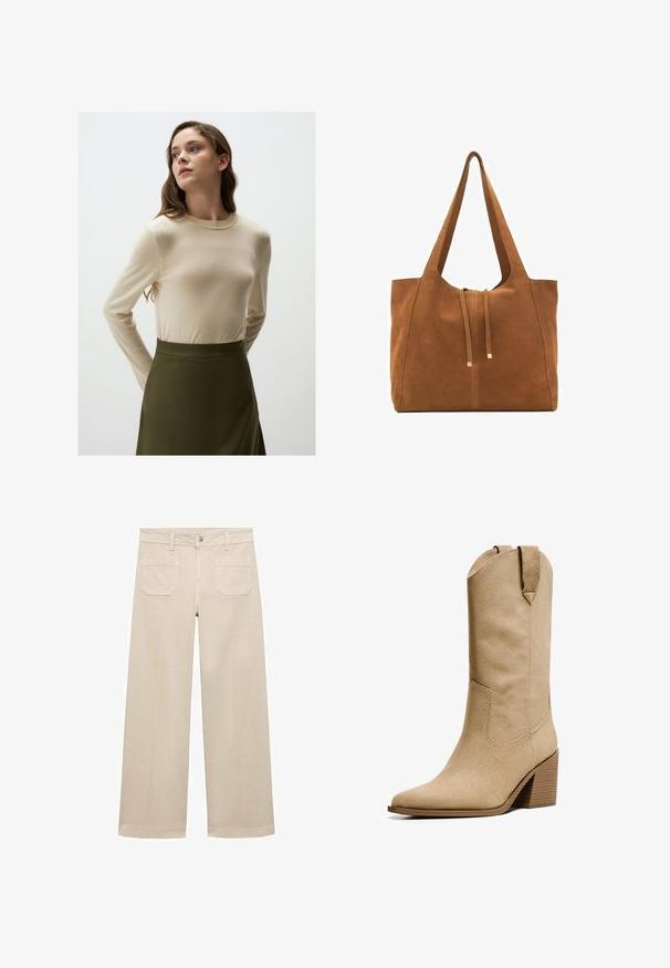 Maglione beige a maniche lunghe con collo rotondo e texture a maglia, abbinato a una gonna verde oliva, caratterizzato da una finitura liscia e un fit sartoriale.; Pantaloni beige a gamba larga in cotone. Presentano una chiusura con zip, un bottone frontale e due tasche applicate sul retro. Orlo pulito senza decorazioni.; Bershka HIGH-HEEL - Stivali texani / biker - beige; Borsa a tracolla in suede marrone con due lunghe cinghie, chiusura con cordoncino e design minimalista. Texture liscia e senza elementi hardware visibili.