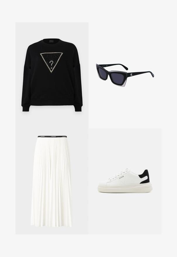 Svart hettegenser med et trekantet utsmykket logo prydet med rhinestener. Laget av myk stoff, har den rund hals og ribbede mansjetter.; Plissert hvit skjørt med en svart elastisk midje som har "LACOSTE"-logoen. Midjelengde design med myk tekstur.; Hvite lær sneakers med tykk hvit såle, svart semsket hælforsterkning og preget logo på siden. Snøresystem med seks hull.; Store svarte solbriller i overdimensjonert størrelse med geometrisk form, med mørke linser og en kontrasterende grå detalj på rammen. Logo på armen.