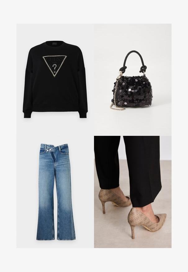 Fekete pulóver, háromszög alakú díszített logóval, amely strasszokkal van ékesítve. Puha anyagból készült, kerek nyakkivágással és bordázott mandzsettával rendelkezik.; Világoskék, harang szabású farmernadrág magas derékkal, két gombbal és elülső zsebekkel. Az anyag megjelenése kopott, apró eltérésekkel.; Beige magassarkú cipők texturált anyagból, ismétlődő mintával. Hegyes orrú kialakítás, hátsó díszítéssel és arany sarkú részlettel.; Fekete flitteres mini kézitáska csomózott textúrájú pánttal és ezüst lánccal. Lekerekített forma, ráncolt tetejével és fényvisszaverő részletekkel.