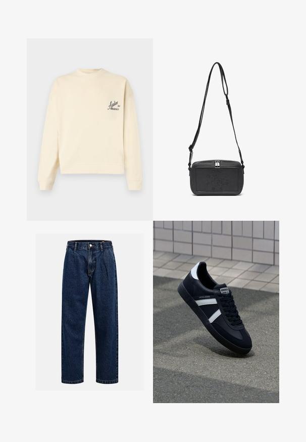 Felpa color crema realizzata in tessuto morbido, con colletto a girocollo e un piccolo logo stampato nero sul lato sinistro del petto. Polsini e orlo a coste.; T-shirt in cotone crema con maniche corte e scollatura a girocollo. Presenta una stampa grafica in blu e rosso con testo e un motivo.; Jeans in denim blu scuro con design a gamba dritta. Presentano cuciture visibili, una chiusura con bottone e pieghe frontali per un tocco di dettaglio in più.; Sneaker neri in pelle con strisce bianche, suola in gomma texturizzata e allacciatura frontale. Presenta un'etichetta con il marchio sulla linguetta.; Borsa a tracolla nera in pelle con chiusura zip, logo impresso sul davanti e tracolla regolabile. Texture liscia con forma rettangolare.