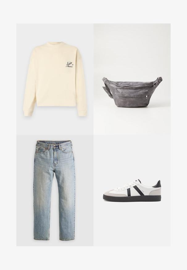 Krém színű pulóver puha anyagból, kerek nyakkivágással és egy kis fekete logónyomattal a bal mellen. Rátett ujjak és szegély.; Világoskék farmernadrág magas derékkal, elülső gombbal, cipzárral és öt zsebbel, sima háttérre fektetve.; Fehér sneaker fekete és szürke részletekkel, textúrált szürke orr résszel, fekete gumitalppal és lapos fehér fűzőkkel. Tiszta dizájn, minimalista stílus.; Szürke velúr övtáska kerek formával, két cipzáras rekesszel és állítható pánttal. Fém dekorációval rendelkezik.