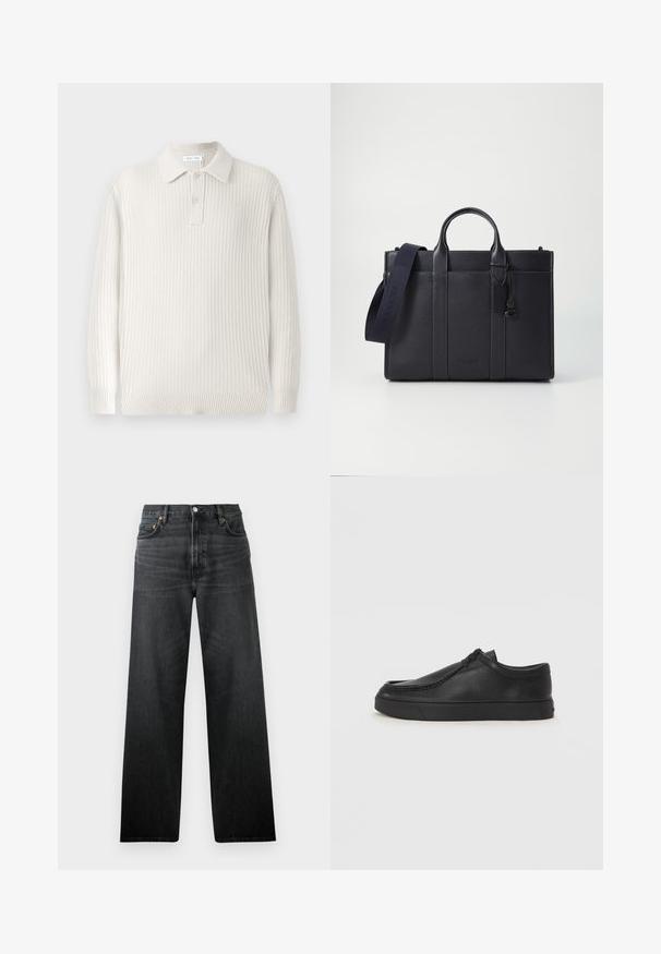 Lichtbeige gebreide polo trui met ribbelstructuur, een kraag en twee knopen. Heeft lange mouwen en een aansluitende zoom.; Zwarte spijkerbroek met een recht model, voorzien van vijf zakken en een knoopsluiting. De stof heeft een lichte glans en een zichtbare textuur.; Zwarte leren instapschoen met een ronde neus, gestikte details en een zwarte rubberen zool. Soepele textuur met een minimalistisch ontwerp.; Donkerblauwe leren aktetas met dubbele bovenhandgrepen en een afneembare schouderband. Kenmerkt zich door een gestructureerde afwerking, verticale stiksels en een logo-detail.