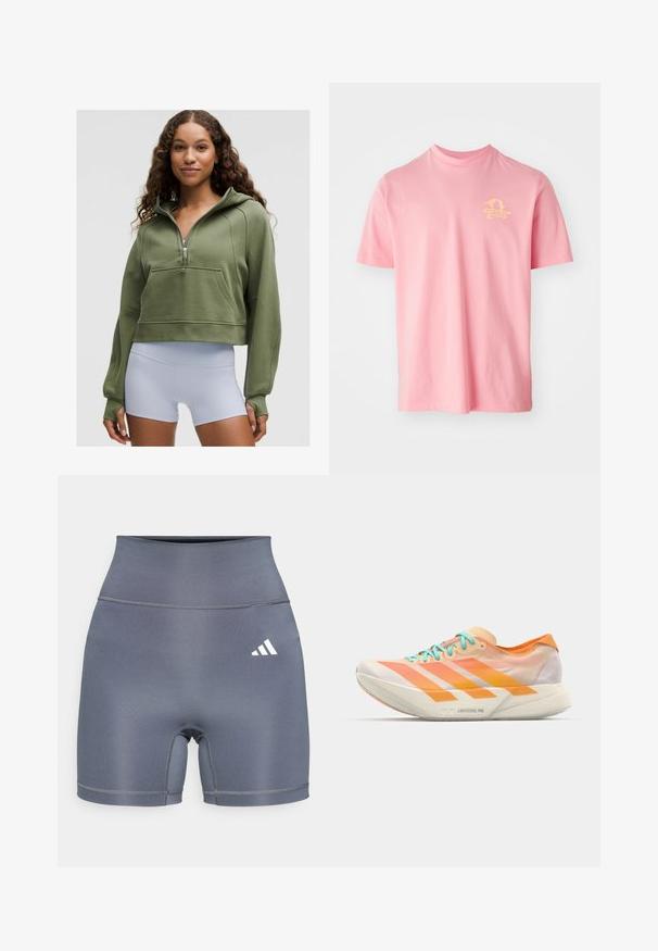 Giovane donna con capelli ricci che indossa un hoodie corto verde oliva e pantaloni sportivi bianchi a vita alta, in piedi contro uno sfondo neutro.; T-shirt rosa a maniche corte in cotone misto, con una grafica gialla sul lato sinistro del petto che raffigura un veliero. Collo rotondo.; Pantaloncini sportivi grigi con vita alta, realizzati in tessuto liscio. Presentano cuciture doppie e un logo Adidas bianco sul lato sinistro.; Scarpa da corsa con un design misto di arancione, pesca e bianco. Presenta tre strisce bianche e lacci azzurri chiari.