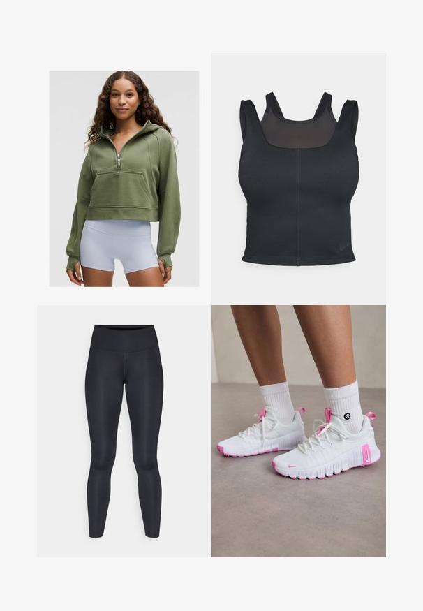 Mladá žena s kudrnatými vlasy v olivově zelené zkrácené mikině a bílých sportovních šortkách s vysokým pasem, stojící na jednobarevném pozadí.; Černá sportovní podprsenka s přiléhavým střihem, širokými ramínky a síťovaným překrytím na přední straně. Hladký povrch a minimální švy. Logo Nike na lemu.; Černé legíny vyrobené z hladké, elastické tkaniny. Vysoký pas bez viditelných vzorů nebo akcentů. Těsně přiléhají od pasu k kotníkům.; Bílé sportovní boty s růžovými akcenty, aerodynamický design, texturovaný síťový svršek a flexibilní gumová podrážka. Obsahují logo a poutko.