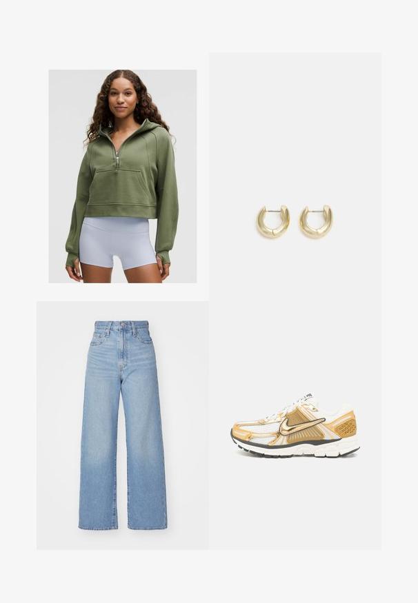 Joven con pelo rizado que lleva un sudadera recortada verde oliva y pantalones cortos deportivos blancos de cintura alta, de pie frente a un fondo sencillo.; Jeans de tiro alto y pernera ancha en azul claro, con cierre frontal de botón y cremallera, y bolsillos delantero y trasero, sobre un fondo blanco.; Zapatilla de running Nike con malla blanca y acentos dorados, sobrecapas texturizadas, suela exterior negra y talón reforzado con un patrón geométrico.; Pendientes de aro en tono dorado con un acabado suave y pulido. Presentan una forma de medio círculo y un cierre de poste seguro.