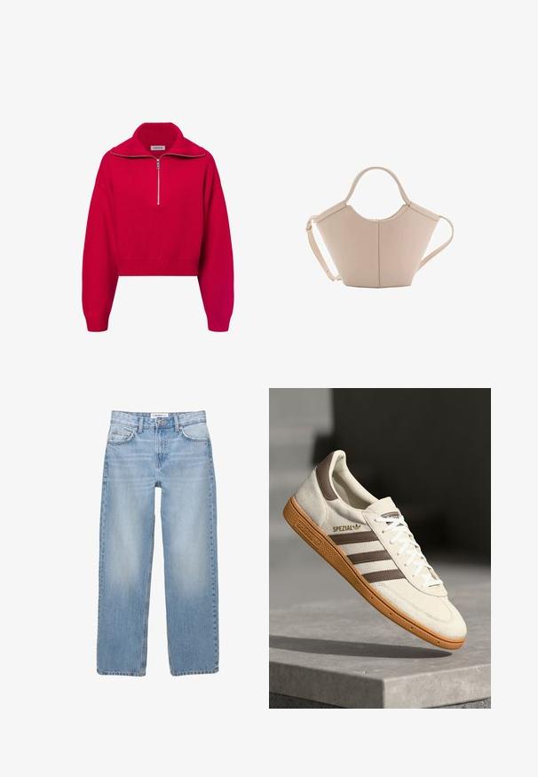 Rode cropped trui met een hoge, ribbelige kraag en een zilveren halve rits. Gebreide textuur met brede mouwen en een aansluitende onderrand.; Lichtblauwe denim jeans met een recht model, vijf zakken en zichtbare stiksels. De stof heeft een zachte, iets vervaagde textuur.; Witte suède sneakers met bruine leren accenten, drie bruine strepen en witte veters. Heeft een gestructureerde gumzool en een gouden "SPEZIAL" logo.; Beige leren handtas met een unieke vorm, voorzien van twee korte handvatten en een lange verstelbare schouderriem. Glad oppervlak met minimale hardware.