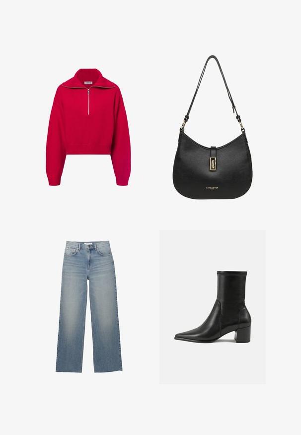 Roter, verkürzter Pullover mit hohem, geripptem Kragen und silbernem Halb-Reißverschluss. Strickstruktur mit weiten Ärmeln und enganliegendem Saum.; Helle blaue weit geschnittene Jeans aus Denim mit hoher Taille, vorderen Taschen und einem Knopfverschluss. Glatte Textur mit ausgewaschenen Stellen.; Schwarze Knöchelstiefel aus glattem Leder, mit spitzem Zehenbereich, einem Blockabsatz und markanten, raised stitching am oberen Rand.; Schwarze Leder-Umhängetasche mit geschwungenem Design, ausgestattet mit einem goldfarbenen Verschluss und einem geprägten Logo auf der Vorderseite. Strukturierte Oberfläche.; Diamant-Ohrstecker mit rund geschliffenen Steinen, gefasst in sechszackigen Gelbgoldfassungen, mit einer transparenten, funkelnden Oberfläche.