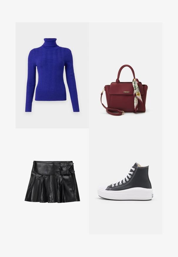 Purple ribbed turtleneck sweater with long sleeves, featuring a fitted design and smooth texture against a light background.; Black leather skirt with pleats, wide waistband, and two buckle accents on the side. Smooth texture with a glossy finish.; Black high-top sneaker with white laces and rubber sole. Features a smooth leather texture and white stitching accents.; Burgundy handbag made of synthetic material with a structured design, featuring a detachable strap and a floral-patterned scarf tied to the handle.