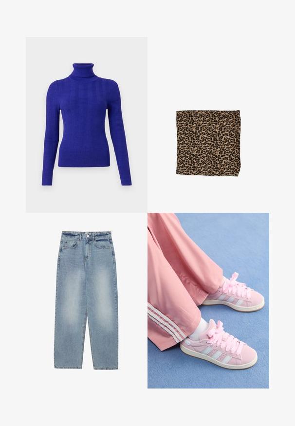 Pulover turtleneck cu maneci lungi, în nuanță de mov și cu textură netedă, având un design ajustat pe un fundal deschis.; Blugi din denim albastru deschis, cu croi lejer, design cu picior drept, cinci buzunare și închidere cu buton la talie. Textură netedă.; Pantofi sport roz cu dungi albastre deschise, vârf rotund și șireturi groase roz, asortați cu pantaloni de trening roz, având dungi albe pe lateral.; Material cu imprimeu leopard în bej cu pete negre, textură netedă, formă rectangulară, îndoit și cu margini finisate.