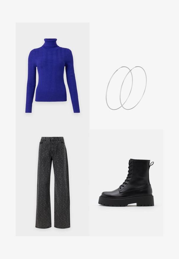 Maglione a collo alto ribbed viola con maniche lunghe, caratterizzato da un design aderente e una texture liscia su uno sfondo chiaro.; Noisy May NMJANNEL LOOSE - Jeans baggy - black denim; Stivaletti in pelle nera alla caviglia con punta rotonda, lace-up frontale e suola in gomma spessa con battistrada textured. Tassello sul retro.; Orecchini a cerchio in argento con un design minimalista. Forma circolare, superficie liscia e profilo sottile. Leggeri con una finitura lucida.
