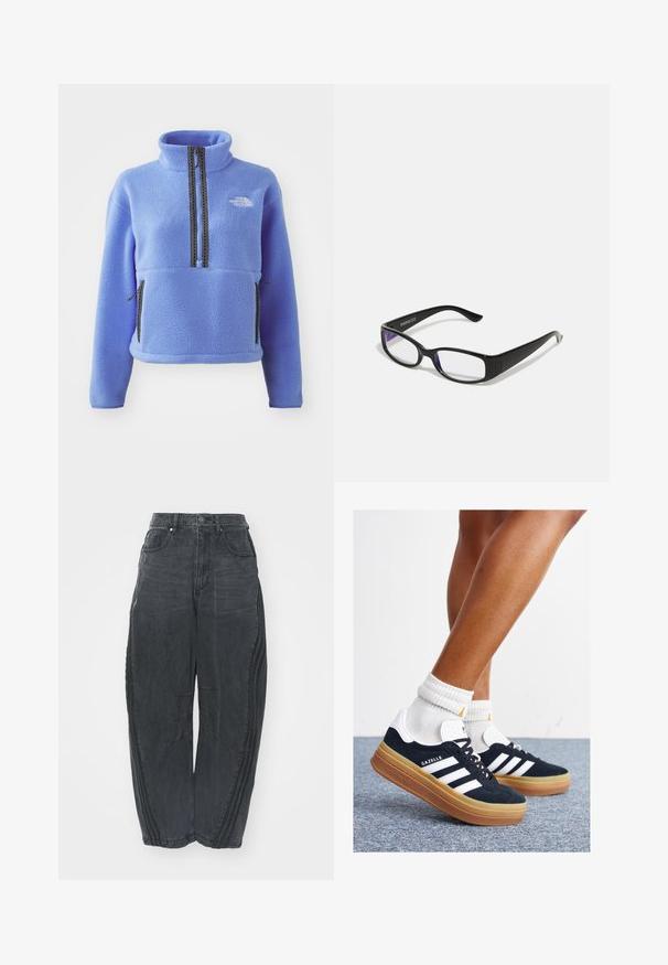 Fleeceová mikina v pastelově modré barvě s vysokým límcem, polovičním zipem na přední straně a dvěma bočními kapsami na zip; má kontrastní prošívání a detail s logem.; Pohodlné černé džíny z denimu s opraným vzhledem, pěti kapsami, zapínáním na knoflík v pase a prošíváním na přední straně a bocích.; Černé semišové tenisky s bílými pruhy a detaily, zaoblenou špičkou, podrážkou z gumy barvy žvýkačky, doplněné bílými žebrovanými ponožkami ke kotníkům.; Černé obdélníkové brýle s průhlednými čočkami. Lesklý povrch, úzké ramínka a fialový nádech viditelný na okrajích čoček.