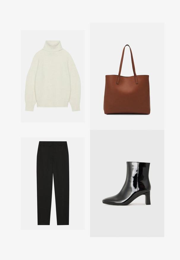 Pulover s stoječim ovratnikom v kremni barvi, izdelan iz mehke pletene tkanine. Ima sproščen kroj, raglan rokave ter rebraste manšete in rob.; Črne hlače z oblikovanim krojem, ki imajo stranske žepke in ravno nogavico. Narejene so iz gladkega, lahkotnega materiala z elegantnim zaključkom.; Črne lakirane gležnjarje z ošiljenim nosom in srednje visokim blokastim peto. Gladka tekstura in minimalističen dizajn.; Rjava usnjena torba z gladko teksturo, odprto zasnovo zgoraj in dvema naramnima trakovoma. Opremljena je z minimalnim šivanjem in brez vidnih kovinskih delov.