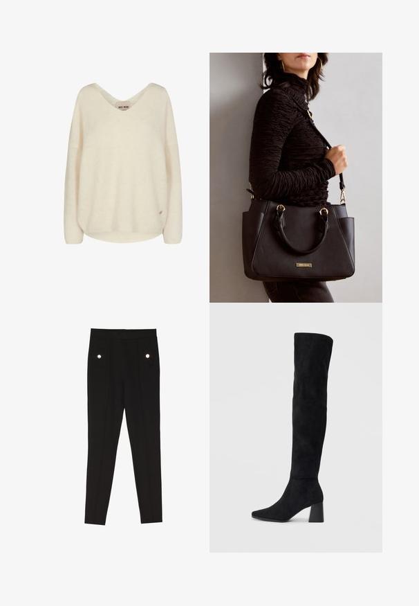 Cremefarvet strikketrøje med V-hals, sænket skuldre og en afslappet pasform. Har en blød struktur og en lille logoaccent på siden.; Sorte skrædderbukser med en glat tekstur, der har to forlommer med dekorative hardwaredetaljer og en slim-fit design.; Sorte ruskind støvler i knæhøjde med blokheel, spids tå og glat, sømløs design på en enkel lys baggrund.; Sort håndtaske med struktureret overflade, dobbelt topbærere og justerbar skulderrem. Udstyret med guldfarvet metalhardware og sidelommer.