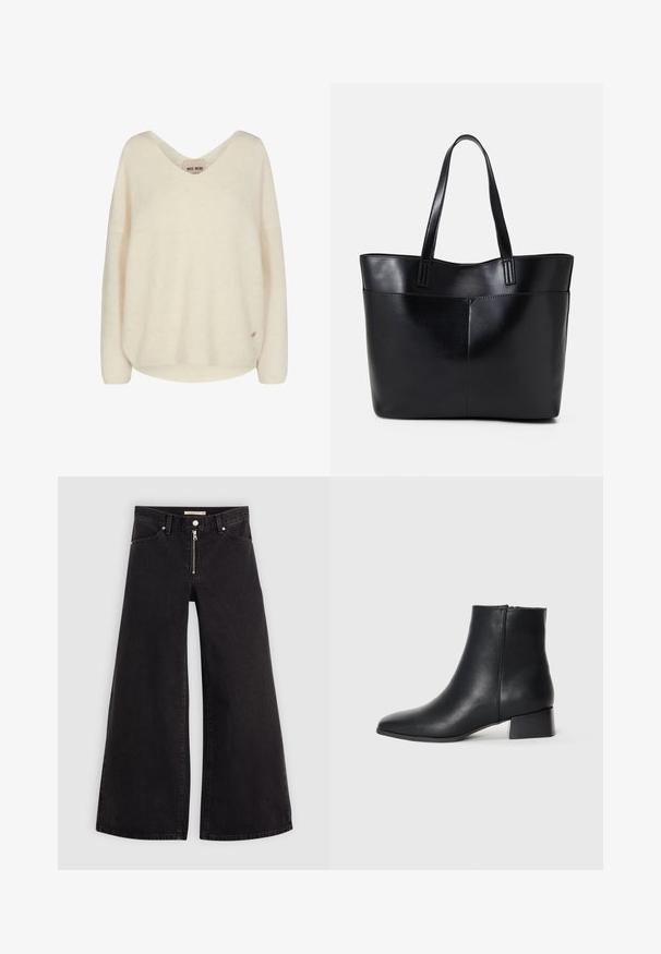 Crème kleurige gebreide trui met een V-hals, verlaagde schouders en een losse pasvorm. Heeft een zachte textuur en een klein logo accent aan de zijkant.; Wijdvallende jeans van zwarte denim met een ritssluiting aan de voorkant, vijf zakken en subtiele stikdetails. Soepele textuur en casual stijl.; Zwarte leren enkellaars met een spitse neus en een lage blokhak, met een gladde textuur en minimalistisch ontwerp.; Zwarte leren tote bag met twee lange handvatten, een zachte textuur en een gestructureerde vorm. Voorzien van een voorvak voor extra opslagruimte.