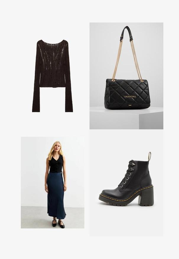 Maglione marrone a maniche lunghe con una vestibilità ampia, caratterizzato da un ampio scollo e un motivo aperto e testurizzato su tutta la superficie.; Cropped top nero a coste con bottoni e gonna maxi in satin blu navy. La gonna ha una finitura liscia e un orlo svasato, abbinata a scarpe flat nere.; Stivaletto in pelle nera con tacco alto chunky, lacci frontali, occhielli in metallo e cuciture gialle lungo la suola. Suola in gomma testurizzata.; Borsa a tracolla nera in pelle trapuntata con catena dorata e dettaglio del logo. Forma rettangolare, texture liscia, con chiusura a pattina.