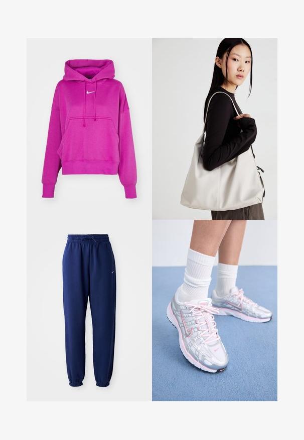 Sweatshirt rosa-brilhante com bolso frontal, cordões e pequeno logótipo branco da Nike centrado no peito, em fundo branco.; Calças de fato de treino azul marinho feitas de um tecido suave, com uma cintura elástica com cordão, punhos elásticos e um pequeno logótipo branco.; Sapatos de corrida Nike com um upper de malha prateada com detalhes em rosa, atacadores brancos e uma sola texturizada. Usados com meias de algodão brancas para desporto.; Uma bolsa bege feita de material macio, com um design descontraído, detalhes de costura e duas alças para o ombro. Adequada para uso diário.