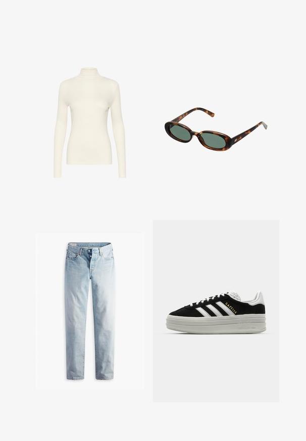 Weißes langärmliges Rollkragenoberteil aus glattem Stoff mit figurbetonter Passform, hohem Kragen und minimalistischem Design.; Hellblaue Jeans aus Denim mit geradem Bein, zwei Fronttaschen und zwei Gesäßtaschen. Enthält einen Zwei-Knopf-Reißverschluss und dezente Nähte.; Schwarze Wildleder-Sneaker mit weißen Lederakzenten, drei weißen Streifen, flachen Schnürsenkeln und einer dicken grauen Plateausohle. Goldenes "Gazelle"-Branding.; Schildpatt-Sonnenbrille mit ovalen Rahmen und grünen Gläsern. Verfügt über dünne Bügel mit einem metallischen Akzent in der Nähe der Scharniere.; Schwarze Leder-Hobo-Tasche mit einer weichen, geschwungenen Form. Sie verfügt über einen breiten Oberhandgriff und Falten an der Basis für eine lässige Textur.