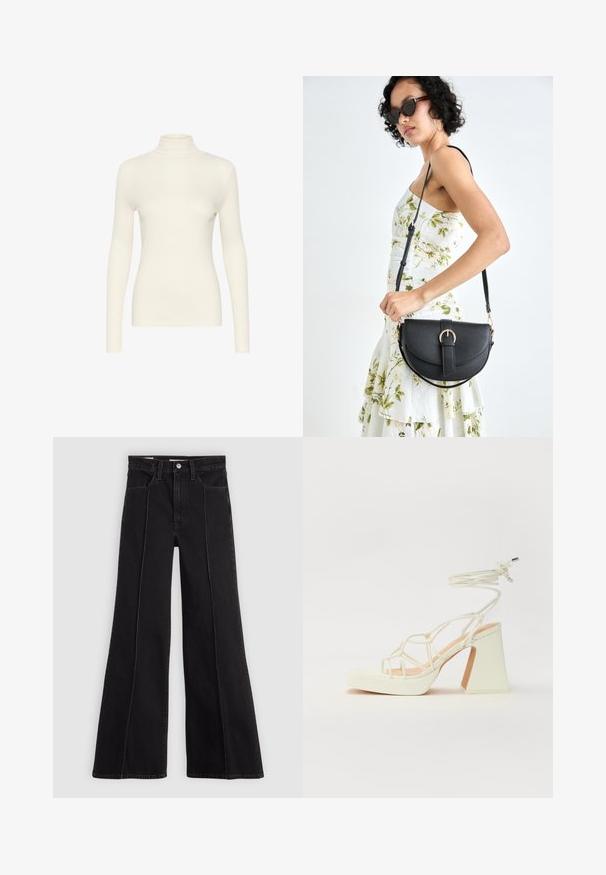 Balta ilga rankovė turtleneko viršus, pagamintas iš lygaus audinio su prigludusia forma, su aukštu kaklu ir minimalizuotu dizainu.; Juodos aukšto liemens plačios kojos džinsai su priekiniais siūlės detalėmis, mygtuko uždarymu, diržo kilpomis ir priekinėmis kišenėmis ant paprasto šviesaus fono.; Balti aukštakulniai sandalai su masyviu kulnu, su dirželių dizainu ir kulkšnies raiščiu. Lygi tekstūra su platforma priekyje, suteikianti papildomą aukštį.; Juodas odinis krepšys su išlenkta forma, nuimamu dirželiu ir auksiniais detalėmis. Krepšys turi kilpą su sagtimi.