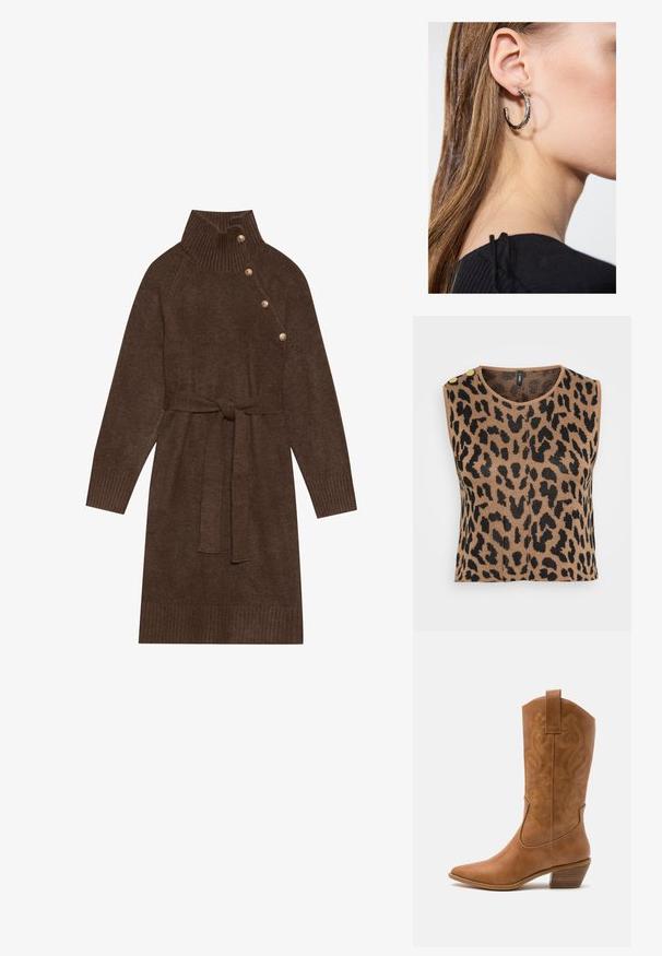 Stickad ärmlös topp med ett brunt och svart leopardmönster, rund halsringning och två guldfärgade knappar på axeln.; Brun stickad klänning med hög ribbad krage, sidoknappar och ett matchande tygbälte. Ribbad manschetter och nederkant ger textur.; Bruna lädercowboystövlar med spetsig tå, broderade virvelmönster på skaftet och en staplad blockklack. Har en dragflik för enkel påtagning.; Silverörhänge med polerad yta, med små detaljer i guld och rund form, bärs på loben.