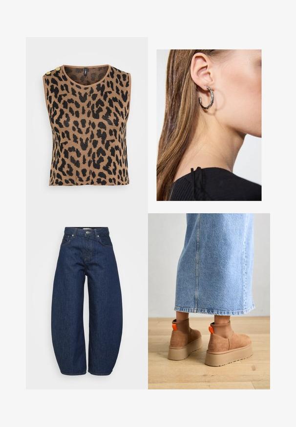 Kudotu top ilman hihoja, jossa on ruskea ja musta leopardikuosi, pyöreä kaula-aukko ja kaksi kultanapilla koristelua olalla.; Even&Odd Petite 2 PACK - Toppi - light grey/black; Tummansiniset farkut, joissa on leveä ja rento istuvuus. Niissä on vetoketjullinen haarakiinnitys, neljä taskua ja kontrastiväriset saumat.; Ruske mokasine z platformo in elastiko na straneh ter oranžnimi zategovalnimi trakovi, v kombinaciji z osnovno dolžino svetle denim krila na lesenem podu.; Hopea renkaankorvakoru kiiltävällä pinnalla, jossa on pieniä kultaisia yksityiskohtia ja pyöreä muoto, käytetty korvalla.