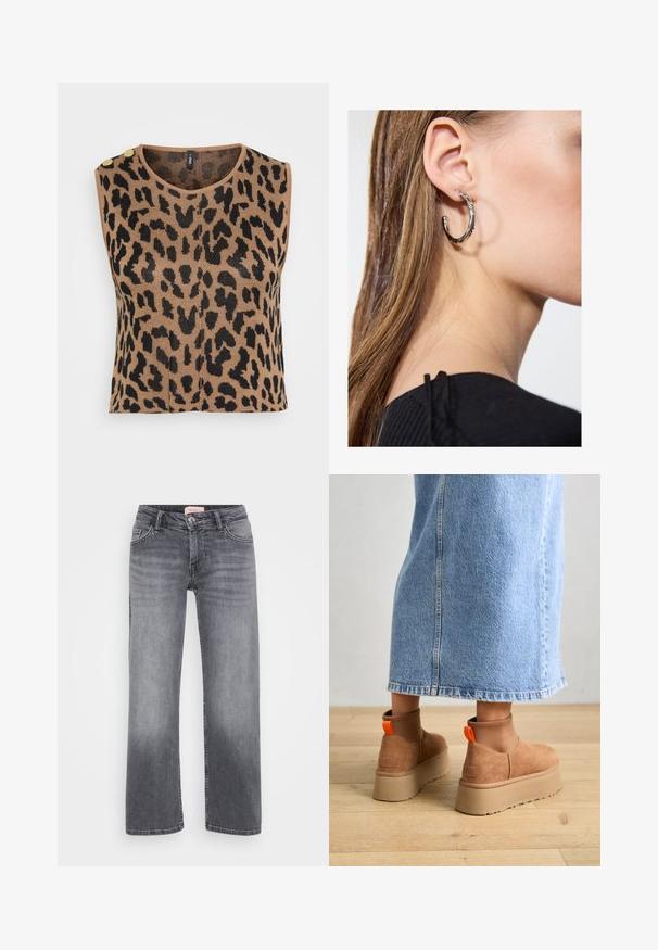 Adīta bez piedurknēm tops ar brūnu un melnu leopardu rakstu, apaļu kakla izgriezumu un diviem zeltītiem pogu akcentiem uz pleca.; Pelēki džinsi ar taisnu kāju dizainu, piecu kabatu stils, viegla izbalēšana un pogas aizdare viduklī.; Brūni zamšādas platforma zābaki ar elastīgiem sānu paneļiem un oranžām cilpām, apvienoti ar līdz ceļgaliem garu gaišā denima svārku uz koka grīdas.; Sudraba auskars ar pulētu apdari, ar maziem zelta akcentiem un apaļu formu, uz ausu ļipiņas.