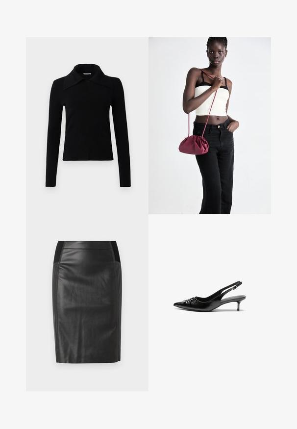 Černý dlouhý rukáv top vyrobený z měkké tkaniny, s velkým špičatým límcem a přiléhavým střihem. Hladká textura s minimálním zdobením.; Černá kožená tužková sukně s přiléhavým střihem, hladkou texturou a elastickým páskem zdobeným po obou stranách. Rovný lem na spodním okraji.; Černé kožené lodičky na slingback s špičatou špičkou, malým podpatkem typu kitten a ozdobným uzlem na přední straně. Hladký povrch po celém obvodu.; Burgundská měkká taška s nabíraným designem a dlouhým popruhem, nošená přes tělo. Model má na sobě bílý crop top a černé džíny.