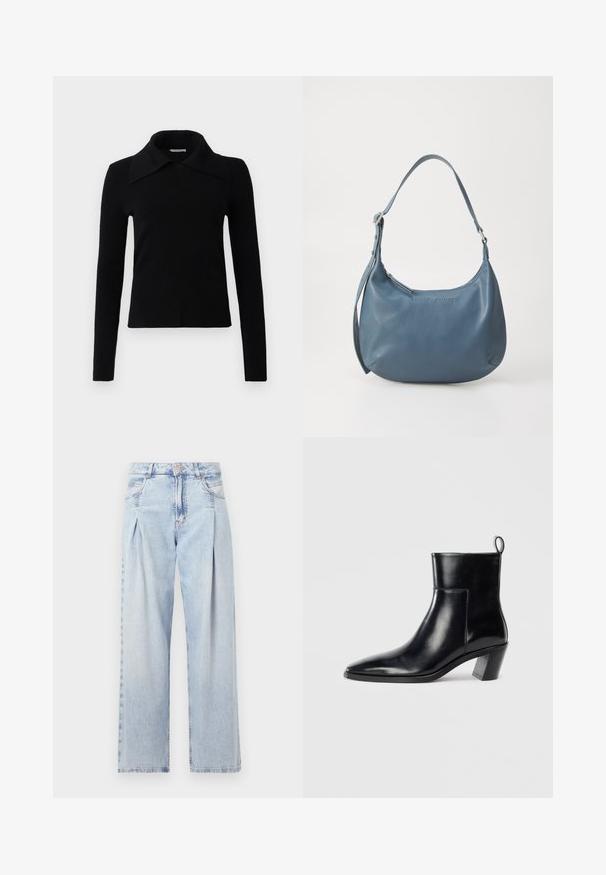 Black long-sleeve top made of soft fabric, featuring a large, pointed collar and a fitted design. Smooth texture with minimal detailing.; Light blue denim jeans with a high waist, wide-leg cut, two side pockets, and pleated design feature. Soft texture with a faded finish.; Black leather ankle boot with a pointed toe, a geometric stacked heel, and a pull tab at the back. Smooth texture and sleek design.; Blue leather handbag with a rounded shape, single shoulder strap, zip closure, and embossed brand name on the front. Smooth texture.