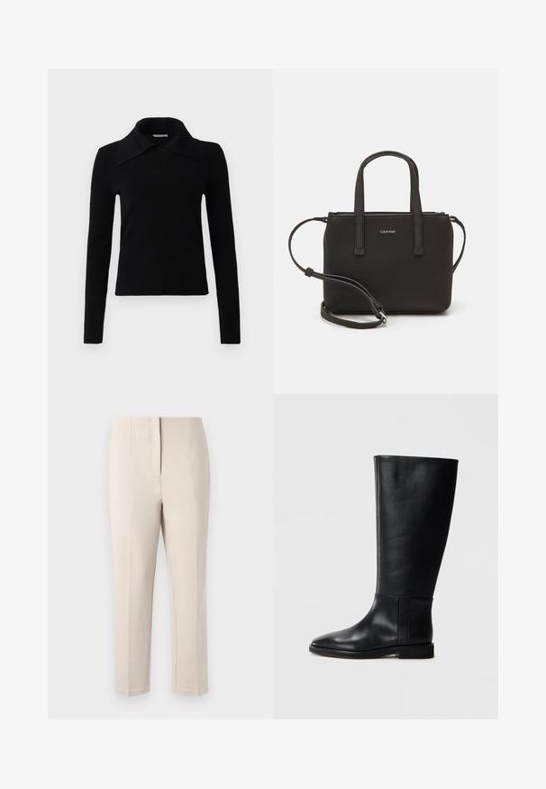 Schwarz, langärmliges Oberteil aus weichem Stoff, mit einem großen, spitzen Kragen und einer taillierten Passform. Glatte Textur mit minimalen Details.; Beige Hose mit taillierter Passform, geradem Bein und sauberer Vordernaht. Hergestellt aus glattem Stoff mit einem subtilen Glanz, ohne sichtbare Beschläge.; Schwarze Lederstiefel bis zum Knie mit runder Zehenform, glatter Textur, minimalistischem Design und flacher Sohle. Einfache Nahtdetails am Schaft.; Schwarze Handtasche mit zwei kurzen, doppelt geflochtenen Griffen und einem abnehmbaren Schulterriemen. Glattes, lederähnliches Material mit einem Reißverschluss und Logodetail.