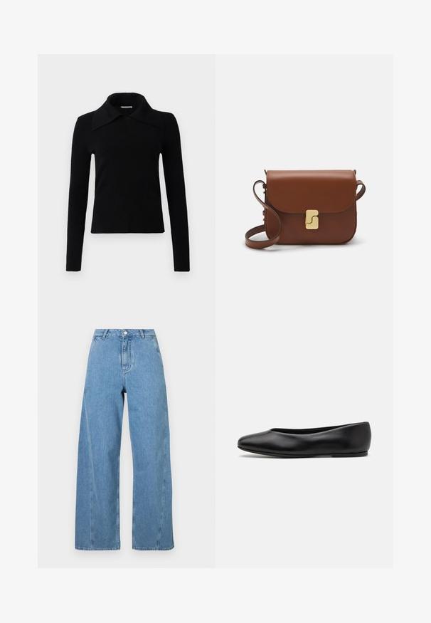 Schwarz, langärmliges Oberteil aus weichem Stoff, mit einem großen, spitzen Kragen und einer taillierten Passform. Glatte Textur mit minimalen Details.; Helle blaue weit geschnittene Jeans aus Denim, mit hoher Taille, geradem Schnitt und kontrastierenden Nähten entlang der Nähte.; Paul Smith TOPANGA - Klassischer Ballerina - black; Braune Ledertasche mit Klappenverschluss, Beschlägen in Goldfarbe, einem Schultergurt und einer glatten Oberfläche. Kompakte rechteckige Form.