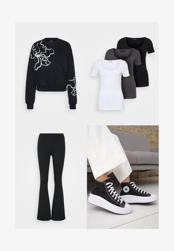 Sweatshirt preto com padrões florais brancos ondulados no lado esquerdo do peito e na manga. Confeccionado em tecido suave com punhos canelados.; Três t-shirts ajustadas em branco, cinza e preto. Cada uma possui um decote amplo e mangas curtas. Feitas de um tecido liso e elástico.; Calças pretas de corte alargado feitas de tecido elástico, com uma cintura alta e uma textura suave. As calças alargam-se a partir do joelho.; Ténis pretos de cano alto com solas e atacadores em borracha branca. Apresentam um emblema redondo e costuras contrastantes em branco. Material em lona.