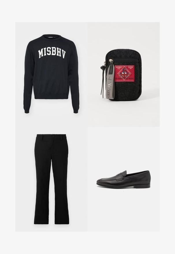 Black sweater with white "MISBHV" lettering, ribbed texture on shoulders, round neck, and fitted cuffs; made from soft knit material.; Black flared trousers made of cotton blend fabric, featuring a button closure, belt loops, and a smooth texture with no visible patterns.; Black leather men's loafer with a low heel and a classic penny strap design, shown in side profile on a white background.; Black pouch with textured fabric, featuring a red patch with logo, zip closure, and a gray strap with embossed brand name.
