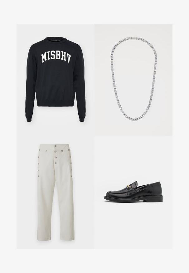 Czarny sweter z białym napisem "MISBHV", żebrowana faktura na ramionach, okrągły dekolt i dopasowane mankiety; wykonany z miękkiego materiału dzianinowego.; Kremowe spodnie o prostym kroju z ozdobnymi guzikami w srebrnym odcieniu po obu stronach oraz gładką teksturą materiału.; Czarne skórzane loafersy z zaokrąglonym noskiem, z ozdobnymi złotymi akcentami i detalami szycia, osadzone na niskiej, teksturowanej gumowej podeszwie.; DARKAI UNISEX biały
