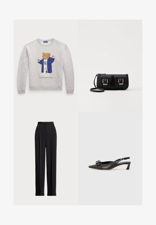 Ljust grå sweatshirt med en grafisk bild av en björn i en blå kappa och vit outfit. Ribbad mudd och nederkant. "Polo Bear by Ralph Lauren" text nedanför.; Svarta skräddarsydda byxor med hög midja, med veck framtill, rak bendesign och uppvikte nederdelar. Tillverkade av ett slätt tyg.; Svart lädersko med slingback, spetsig tå, liten klack och dekorativ spänndetalj på ovansidan. Slät struktur, minimalistisk design.; Svart läderaxelväska med två framfickor, guldspännen, dragkedjestängning och en smal rem. Texturerad yta och kompakt rektangulär form.