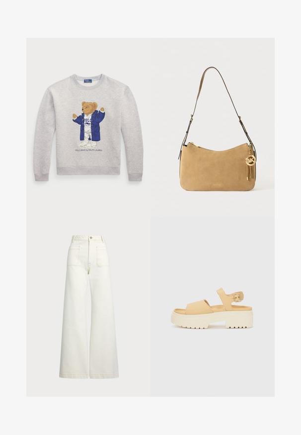 Lys grå sweatshirt med et grafisk motiv av en bjørn i blå frakk og hvite klær. Ribbet mansjetter og hem. "Polo Bear by Ralph Lauren" tekst under.; Vidde bukser i off-white denim. Høyt liv-design med knappelukking, to frontlommer og kontrastsøm detaljer.; Gule faux lær sandaler med en chunky hvit plattformsåle. Har to brede stropper og en justerbar ankelstropp med metallspenne.; Brun suède skulderveske med buet fasong, gullfarget hardware og glidelås. Har en vedlagt charm med initialene "MK."