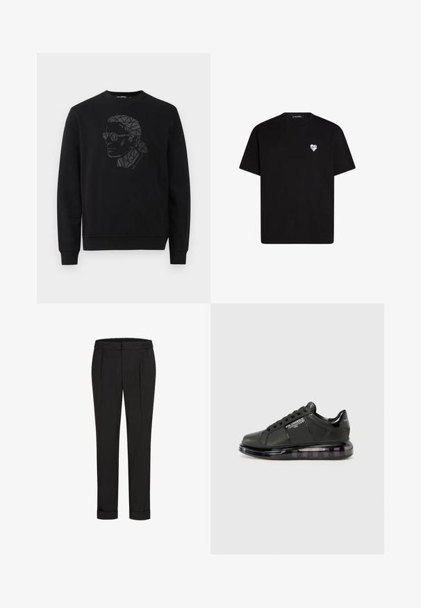 Mustmustri, millel on ümmargune kaelus ja pikad varrukad. Ees on geomeetriline musta ja halli tooni portreekujundus.; Mustvalg mustast puuvillast t-särk lühikeste varrukatega, ümar kaelus ja väike valge südame graafika vasakul rinnal.; Mustad püksid elastse vöökohtaga, sirge jala kujundusega ja üles keeratud äärtega. Valmistatud siledast, kudumisega kangast, ilma mustriteta.; Must mustad musta nahast ülemise osaga, ümarate varvaste ja paeltega disainiga. Omab läbipaistvat, pehmendatud tallat, millel on tume gradient.