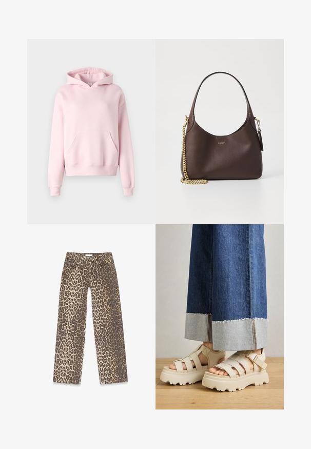 Gina Tricot BASIC ORIGINAL HOODIE - Pulover s kapuco - ballet slipper; Džins hlače z leopardjim potiskom v nevtralni bež in rjavi barvni paleti, s ravnim krojem in tradicionalnimi detajli žepov.; Bež platformske sandale s debelimi podplati imajo trakove in nastavljive gležnjske trakove. Ustrezajo širokim jeans hlačam, pri katerih je eden robov razfrčan.; COACH BROOKLYN SHOULDER BAG 23 - Torbica - maple