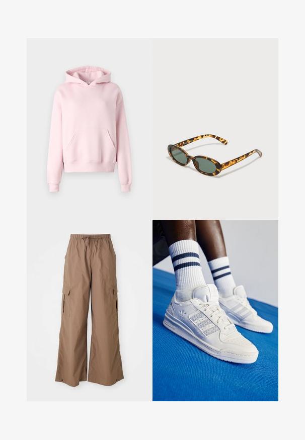 Gina Tricot ICONIC HOODIE - Luvtröja - ballet slipper; Bruna löst sittande cargobyxor med dragsko i midjan och sidofickor med klaff, i en vid ben-design, visade mot en vit bakgrund.; Vita lädersneakers med perforerade detaljer, tre metalliska ränder och en strukturerad sidopanel. Bärs med vita strumpor med blå ränder.; Sköldpaddsmönstrade solglasögon med ovala bågar, mörkgröna linser och smala skalmar. Har en diskret logotyp på skalmen.