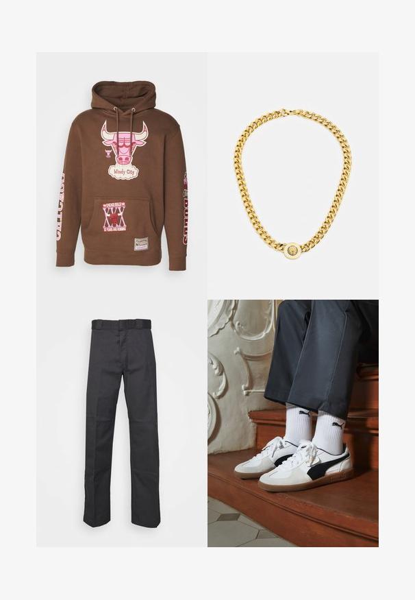 Mitchell & Ness NBA CHICAGO BULLS SUGAR BACON HOODIE - Vereinsmannschaften - brown; Schwarze Hose aus strapazierfähigem Material, mit geradem Bein, einem Bund mit Gürtelschlaufen und Nähten für zusätzlichen Textur.; Puma-Sneaker aus weißem und schwarzem Wildleder mit einer braunen Gummisohle. Kombiniert mit weißen Socken, die ein schwarzes Logo zeigen, getragen zu dunklen Hosen.; Goldene Kettenhalskette mit großen miteinander verbundenen Gliedern, mit einem kreisförmigen Anhänger in der Mitte, der ein erhabenes Emblem zeigt.