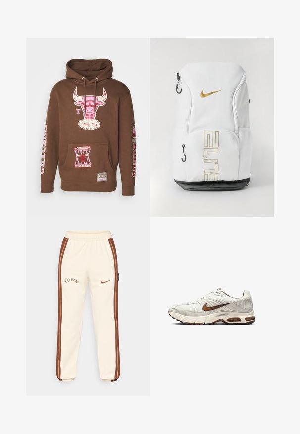 Mitchell & Ness NBA CHICAGO BULLS SUGAR BACON HOODIE - Vereinsmannschaften - brown; Cremefarbene Jogginghosen mit braunen Seitestreifen, die das Logo "The Town" und den Nike-Swoosh zeigen. Elastischer Bund und gerippte Bündchen. Weiches, glattes Material.; Nike Sneaker in Off-White mit strukturiertem Mesh-Obermaterial, braunen Akzenten und gepolsteter Sohle. Leichtes Design mit runder Zehenpartie und Schnürverschluss.; Nike Rucksack in Weiß mit goldenem Logo und dem Text "ELITE", Reißverschluss, seitlichen Mesh-Taschen und einem schwarzen Bodenbereich. Glatte Textur.