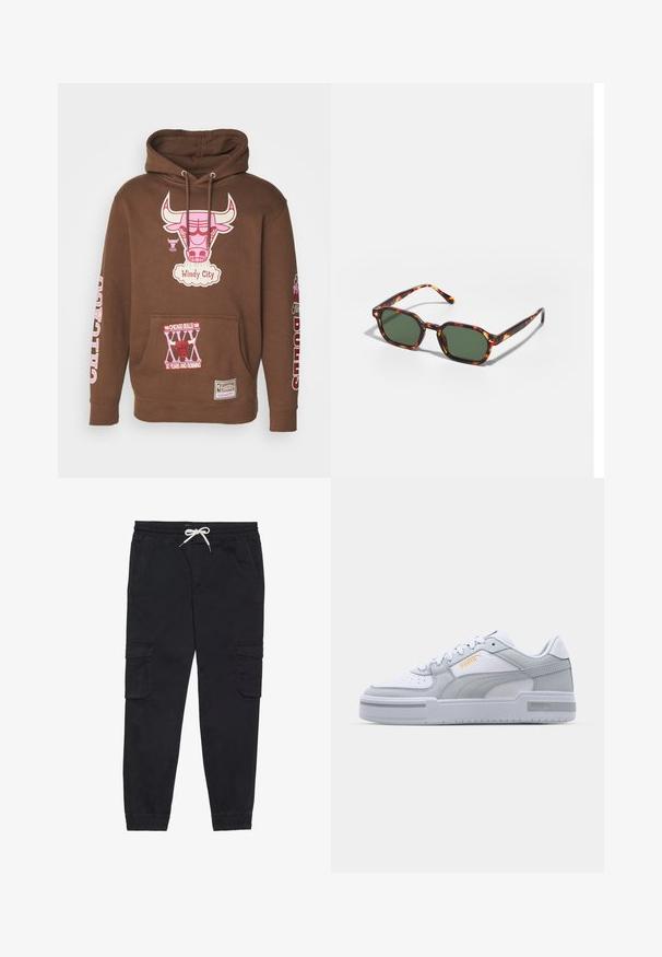 Mitchell & Ness NBA CHICAGO BULLS SUGAR BACON HOODIE - Squadra - brown; Pantaloni cargo neri in cotone, dotati di una vita elastica con coulisse, tasche laterali e polsini a sigaretta.; Sneaker grigie e bianche con tomaia in pelle liscia, punta perforata, chiusura con lacci, dettagli testurizzati e un sottile logo dorato.; Occhiali da sole tartarugati con lenti verdi, dotati di una forma ottagonale e bracci sottili e curvi. Il materiale ha una finitura lucida.