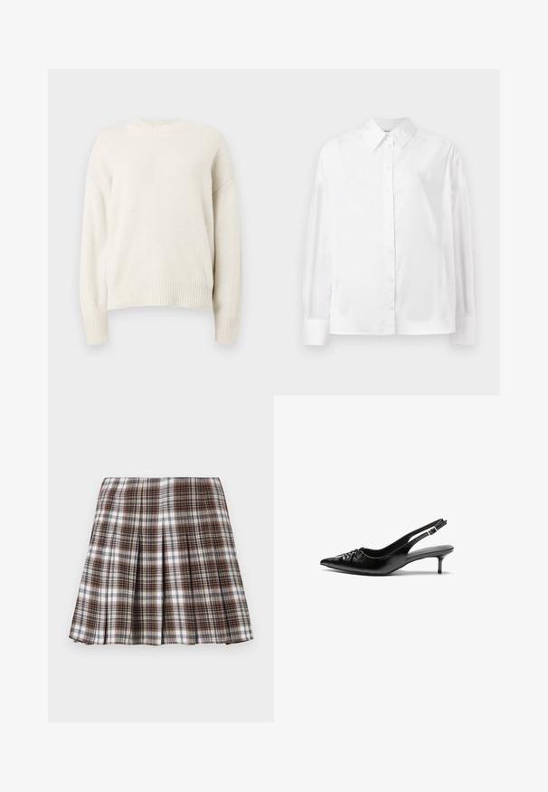 Textúrált krém pulóver bordázott kerek nyakkal és mandzsettával. Lazább szabása van, és enyhén ejtett a vállrésze. Nincsenek látható minták.; Fehér, hosszú ujjú, gombos ing sima pamut keverékből. Klasszikus gallérral, elöl gombos záródással és lekerekített mandzsettával rendelkezik.; Barna és fehér kockás redős szoknya, amelynek strukturált dizájnja és éles textúrája van, magas derékkal és több függőleges redővel.; Fekete bőrből készült slingback magassarkú cipők hegyes orral, kis francia sarokkal és díszes csomóval az elején. Az egész felületen sima textúra.