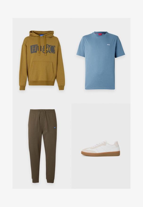 Oliven grøn hættetrøje med et stort "HUGO" logo i mørkegrå. Har en frontlomme i kangaroo-stil samt ribbede manchetter og kant.; Blå kortærmet T-shirt med rund hals og lille hvid "HUGO" logo på venstre bryst samt rød indvendig kraveetiket.; Mørke olivengrønne joggingbukser med elastisk taljebånd, snøre, sidelommer og ribbede manchetter. Lille blåt logo-mærke på venstre side.; Hvide og beige sneakers med ruskind og læderdetaljer. Har en gummisål, snørebåndsdesign og minimalistiske sidelister.