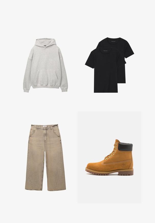 Szürke kapucnis pulóver puha frottír anyagból, nagy elülső zsebbel, húzózsinórral ellátott kapucnival és lejebb engedett vállakkal a laza illeszkedés érdekében.; Két fekete pamut póló, rövid ujjú, kerek nyakkivágással és sima textúrával, egymásra rakva bemutatva.; PULL&BEAR MEGA BAGGY - Túlméretezett farmernadrág - light grey; Barna velúr bokacipő fekete párnázott gallérral, arany fém fűzőlyukakkal, fehér varrási részletekkel és durva gumitalppal, amelynek kifejezett barázdái vannak.