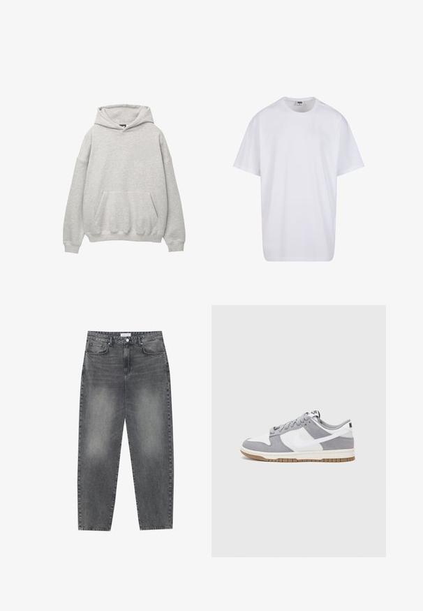 Grå hoodie i mjukt frottétyg, med en stor framficka, dragsko på huvan och sänkta axlar för en avslappnad passform.; Vit bomull t-shirt med korta ärmar, rundad halsringning, avslappnad passform och utan synliga logotyper eller mönster. Slät textur och minimal design.; Högmidjade, löst sittande jeans i blekt svart denim. Inkluderar fem fickor, bälteshällor och en ren, rak ben-design.; Grå och vit sneakers med överdel i mocka och läder, rund tå, platta snören och en gummisula med ett accent i gummi.
