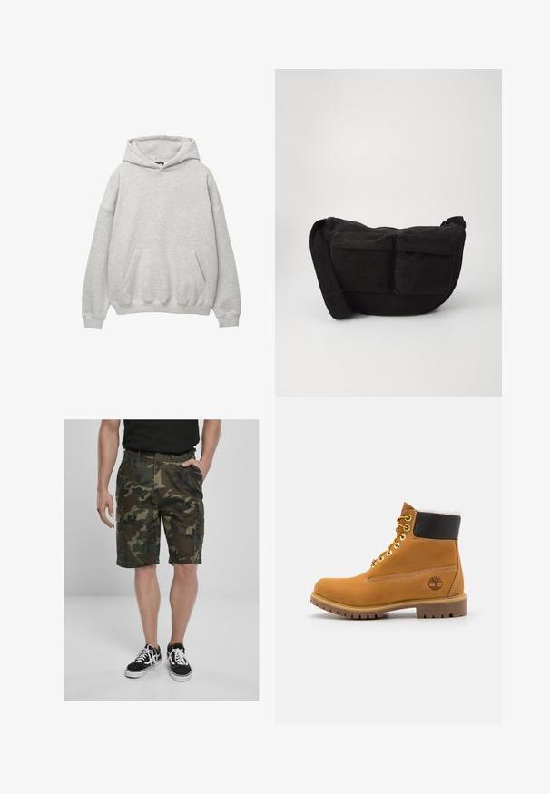 Šedá mikina se stahovací kapucí vyrobená z měkké terry tkaniny, s velkou přední kapsou a spadlými rameny pro uvolněný střih.; Camo cargo šortky s cargo kapsami, vyrobené z tkané látky v zelených a hnědých odstínech. Vyzbrojené černými teniskami s bílými tkaničkami.; Hnědá kožená kotníková bota s kovovými očka, bílou kožešinovou podšívkou, černým polstrovaným límcem, robustní podrážkou a raženým logem na boku.; Černá kordurová crossbody taška s nastavitelným popruhem, která má přední kapsy a měkkou texturu. Kompaktní design s minimálním zdobením.
