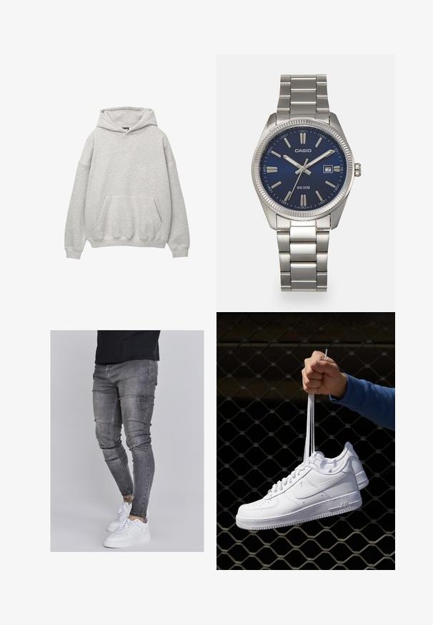 Grijze hoodie van zacht terry stof, met een grote voorzak, een capuchon met trekkoord en verlaagde schouders voor een relaxte pasvorm.; Skinny jeans in vervaagd grijs denim, met versleten details op de knieën, gecombineerd met witte sneakers. Gladde textuur, slank model.; Witte leren sneakers met perforaties, ronde neus, vlakke zool en dikke veters, met een zichtbare swoosh-logo en "AIR" op de hiel.; Zilveren roestvrijstalen horloge met een marineblauwe wijzerplaat, metalen uurmarkeringen en een datumnis op 3 uur. Waterbestendig tot 50 meter.