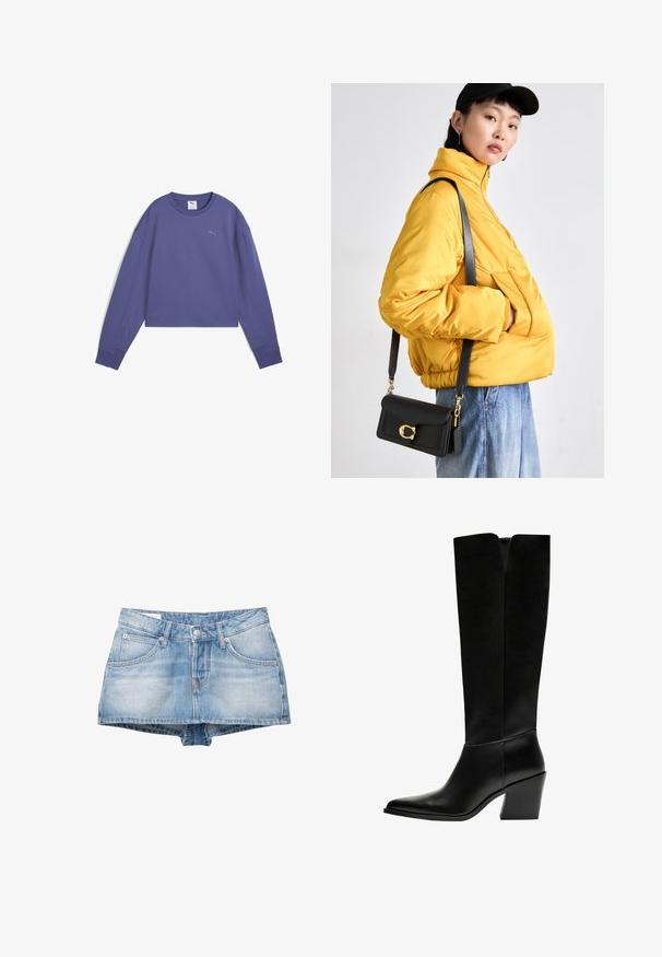 Fialová skrátená mikina s okrúhlym výstrihom, dlhými rukávmi, rebrovanými manžetami a malým logom potlačeným na hrudi. Mäkká textúra látky.; Džínové šortky svetlomodrej farby s vyblednutým vzhľadom. Majú päť vreciek a predné zapínanie na gombík. Klasický strih s rovnými lemami.; Čierne vysoké čižmy vyrobené z hladkej kože, s ostrou špičkou, blokovým podpätkom a V-čkovým výrezom na vrchu.; Žltá prešívaná bunda s vysokým golierom a prednou vreckom, doplnená čiernou crossbody taškou so zlatým príslušenstvom. Neformálne džínsové nohavice.