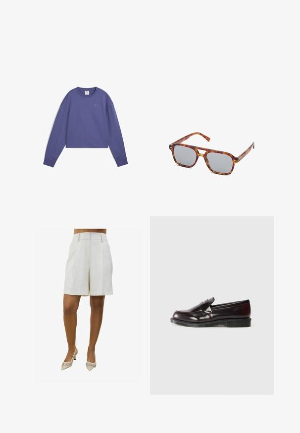 Felpa corta viola con scollo rotondo, maniche lunghe, polsini a costine e un piccolo logo stampato sul petto. Texture del tessuto morbida.; Pantaloni corti in lino beige con design su misura, caratterizzati da due pieghe frontali e tasche laterali. Abbinati a scarpe con tacco a punta a righe.; Mocassini in pelle bordeaux con superficie liscia, dettaglio cucitura rialzata e suola in gomma. Progettati con una punta arrotondata e hardware minimale.; Occhiali da sole in plastica con motivo tartarugato, lenti grigie rettangolari e aste sottili. Presentano un design minimalista con un taglio sul ponte.; Borsa a tracolla in pelle marrone con forma arrotondata, texture liscia e doppi manici. Presenta un accento in hardware dorato al centro.; Bracciale a manica in metallo con finitura dorata, caratterizzato da un design ondulato, con superfici lisce e una texture lucida e riflettente. Nessun motivo o decorazione visibile.